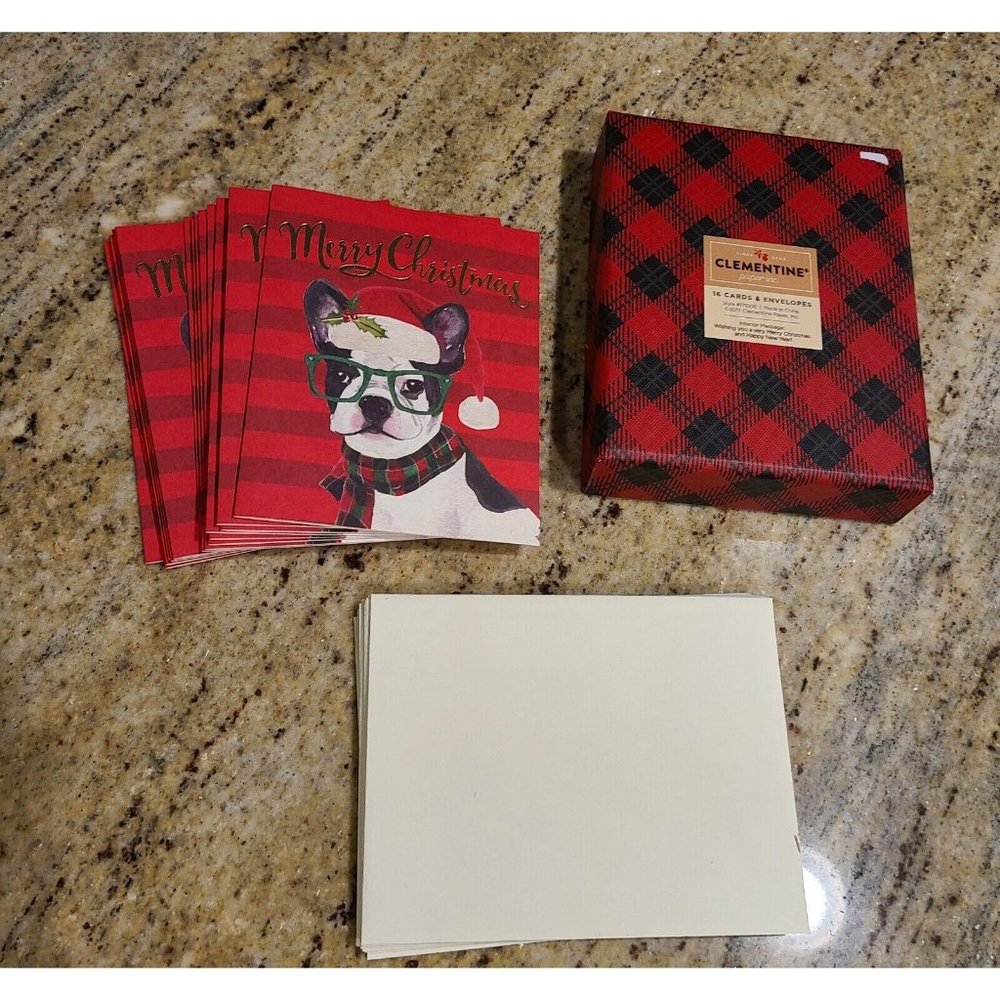 Pug Dog Green Glasses Scarf Hat Merry Christmas Holiday Cards 16 with Envelopes